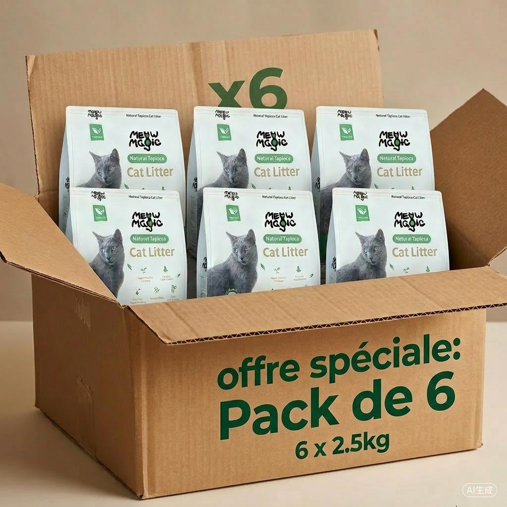 Meowmagic Litière pour chat, mélangeable avec toute autre litière pour éviter que les pattes ne collent, (cassave naturelle), 6 x 2,5 kg