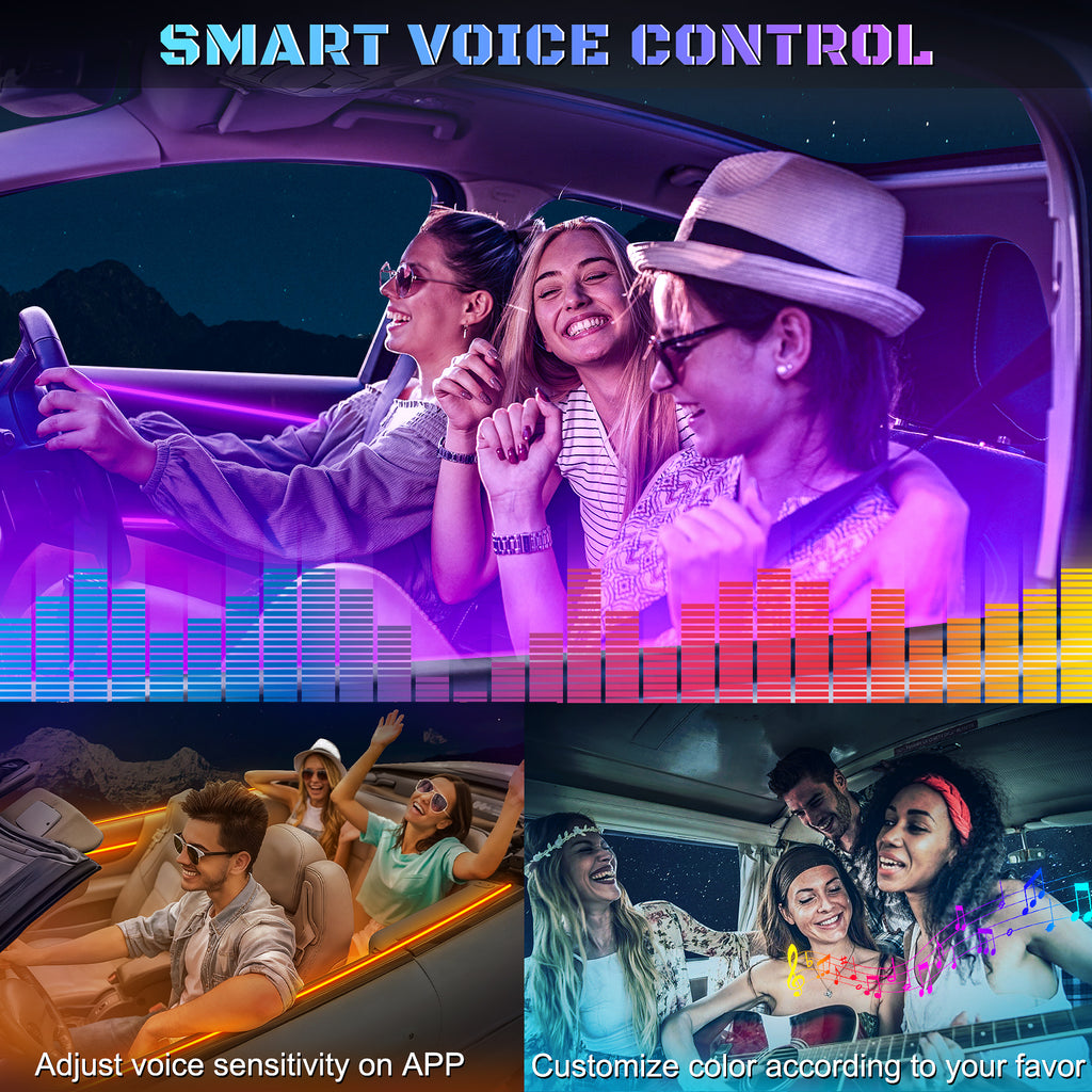 Bande lumineuse LED d’intérieur de voiture en acrylique, prise en charge du contrôle sans fil via application, RGB couleurs féeriques cinq-en-un