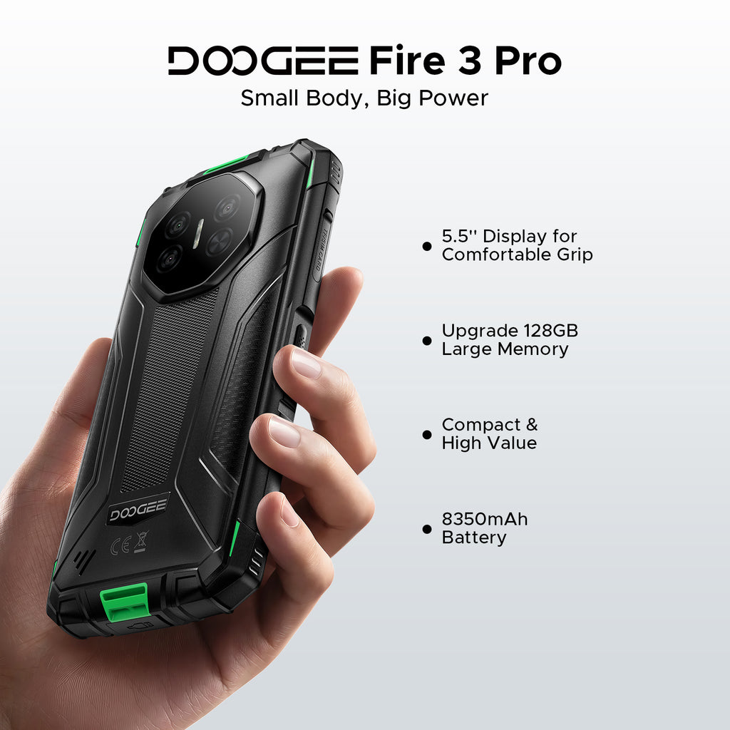 DOOGEE Fire 3 Pro Smartphone Rugged Android 15 IA, 16 Go + 128 Go / 2 To Octa-Core, 8350 mAh / 18 W, 5,5" HD+ IPS, 4G Double SIM, 16 MP / Widevine L1 / Prise Jack 3,5 mm / Face ID / OTG / NFC