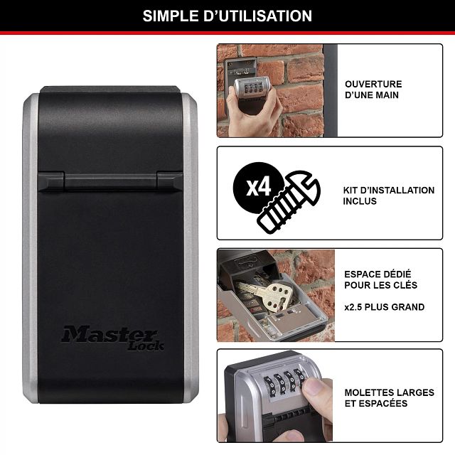 Master Lock 5481EURD boîte à clés murale, nouveau design innovant, grande capacité, haute sécurité