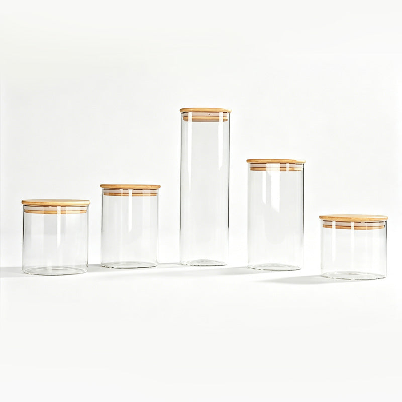 JORDAN&JUDY Lot de 5 boîtes de conservation en verre, hermétiques pour céréales, finition grain de bois (750 ml x1 + 800 ml x1 + 1100 ml x1 + 1500 ml x1 + 2300 ml x1)