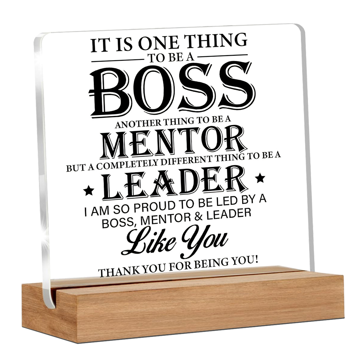 Alphynix 1 pc plaque de reconnaissance de leadership, cadeau en acrylique "BOSS MENTOR LEADER" avec support en bois