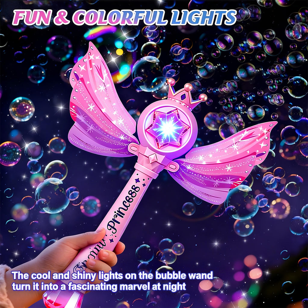 Jouet machine à bulles baguette magique de princesse, Baguette souffleur de bulles automatique avec lumière LED musique et couronne à ailes, Cadeau de jouet fabricant de bulles fée rose pour filles et enfants fête en plein air