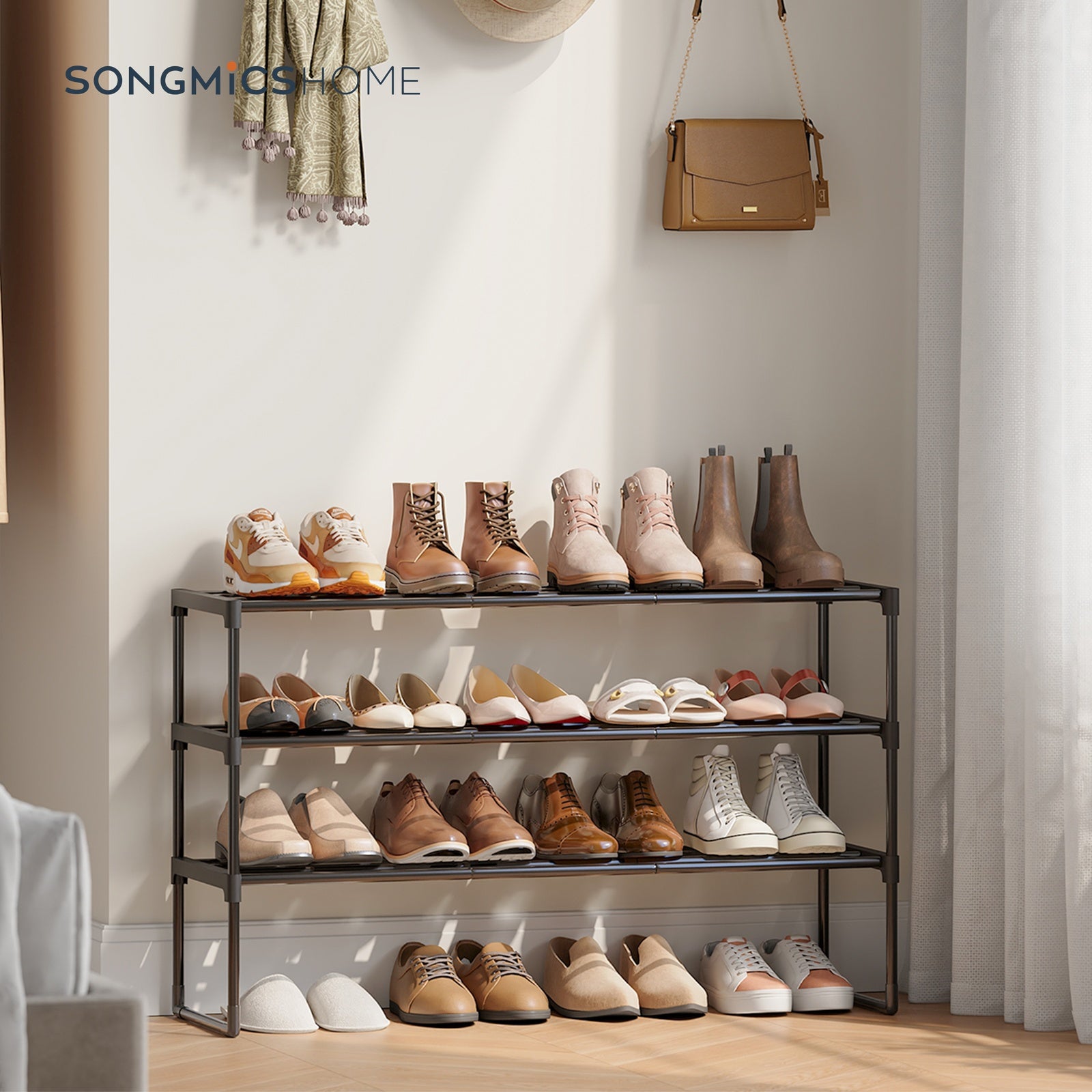 JOYFURNOS Étagère à chaussures en métal 3 niveaux noire – Étroite et empilable, 30 x 92 x 55 cm, Contient 16-20 paires – Organisateur peu encombrant pour entrée, placard ou salon