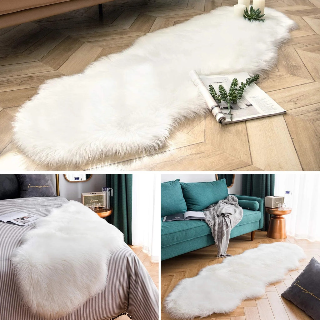 Tapis de Couloir en Peau de Mouton Imitation Laine, 60x150 cm Tapis d'Appoint en Peluche Douce, Tapis de Salon de Courtoisie en Shag Blanc avec Bordure Aspect Daim pour Près du Lit, Couloir