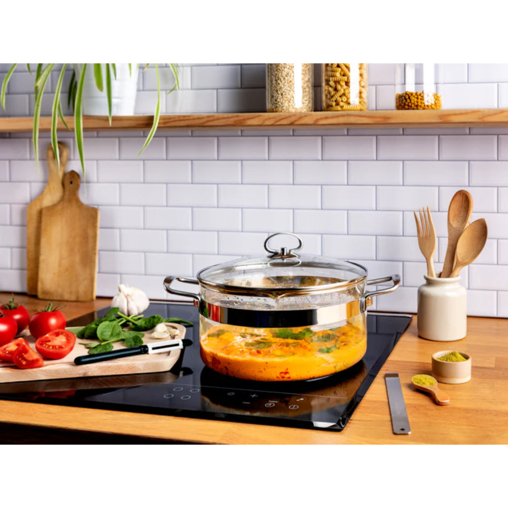 Belissam Faitout en verre borosilicate 24 cm 4,2 L Transparent avec couvercle Cuisson saine Sans PFAS/PTFE Compatible plaques gaz et électriques Compatible four Résistant à la chaleur jusqu'à 180 °C