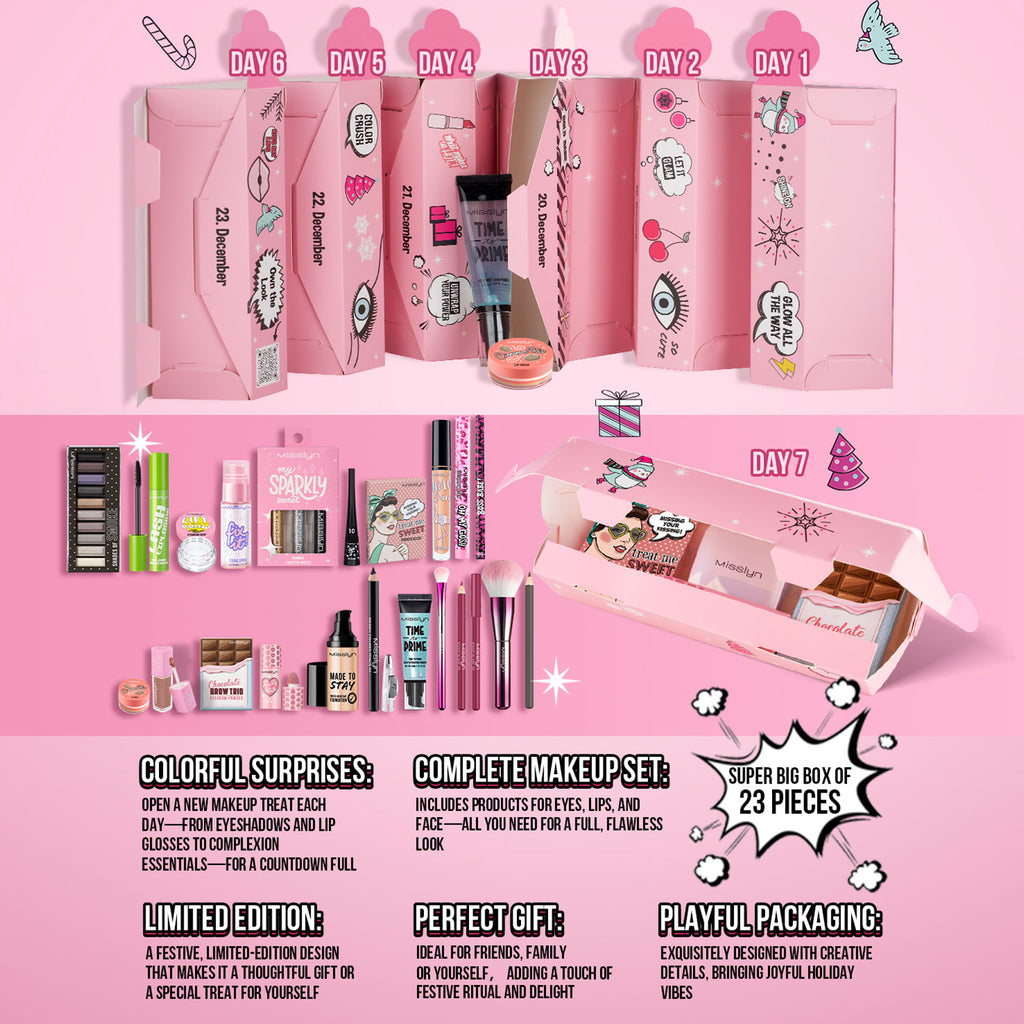 Misslyn Coffret cadeau compte à rebours surprise pétillante, coffret cadeau beauté brillant à déballer, 23 articles comprenant rouges à lèvres, gloss à lèvres, palettes de fards à paupières, maquillage et outils de maquillage