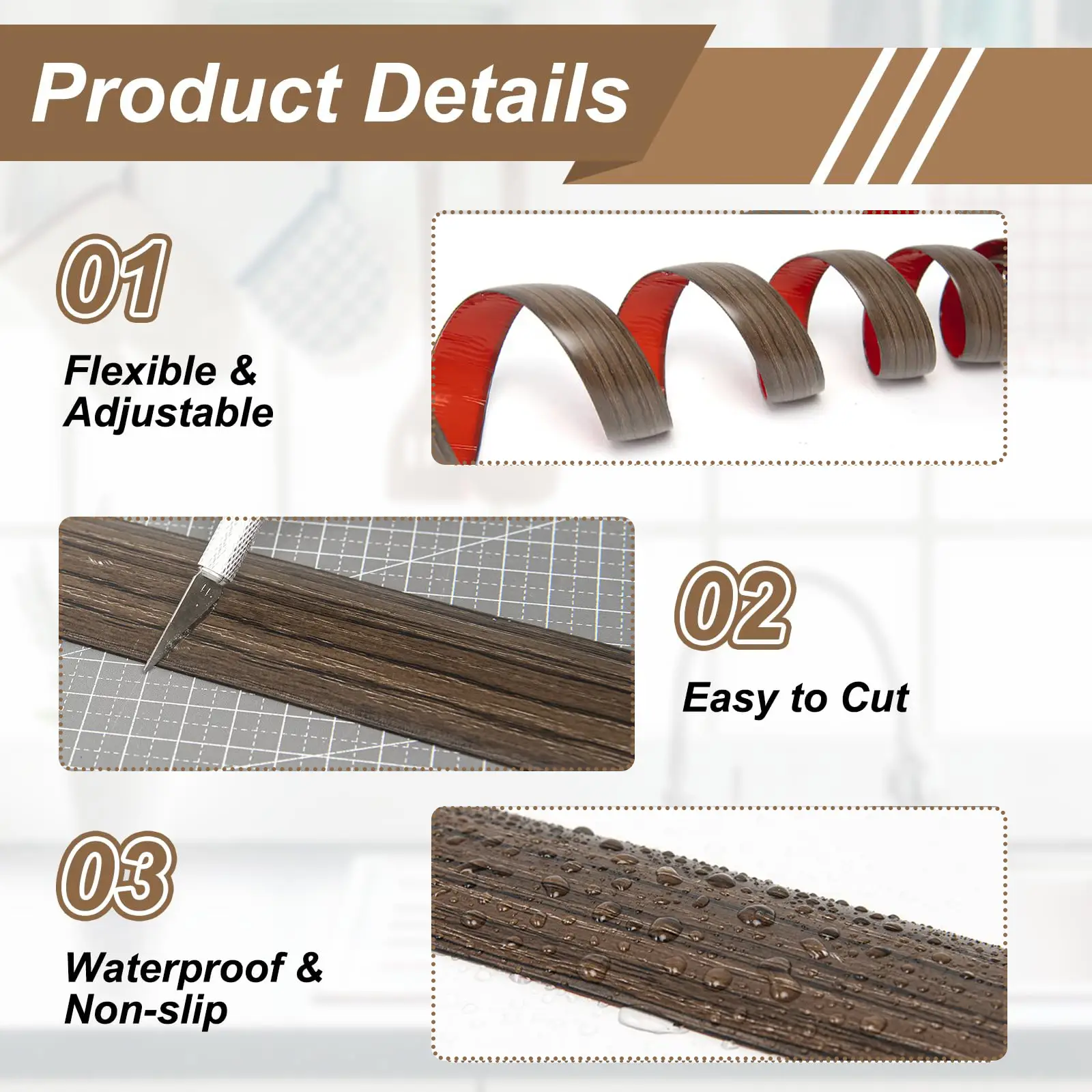 Art3d Bande de transition adhésive en vinyle pour sol, 122 x 4 x 0,3 cm, Grain de bois marron, Cache-joint pour stratifié, carrelage, moquette