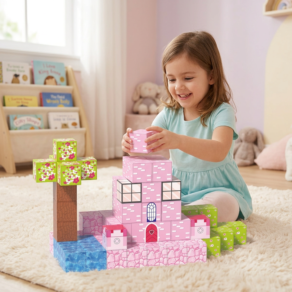XINQIYUAN Jouet éducatif ensemble de blocs de construction magnétiques Monde château rose 2,5 cm 78 pièces [Mélange aléatoire – Couleurs de l’image principale uniquement]