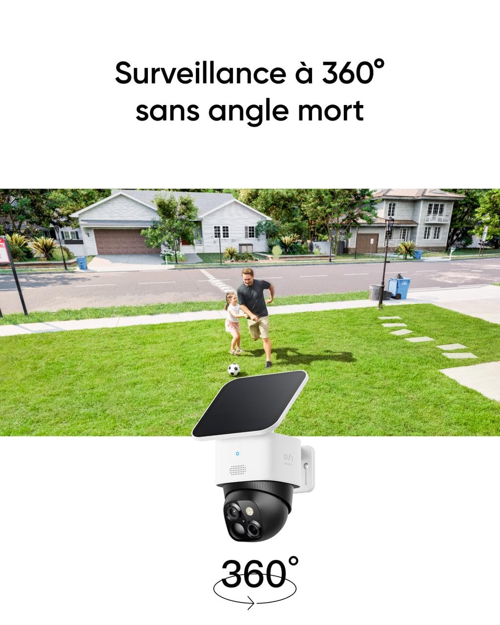 eufy SoloCamS340 Caméra de surveillance solaire sans fil WiFi pour l’extérieur, 360°, 3K, sans angle mort, Wi-Fi 2,4 GHz, pas de frais mensuels, compatible HomeBase 3