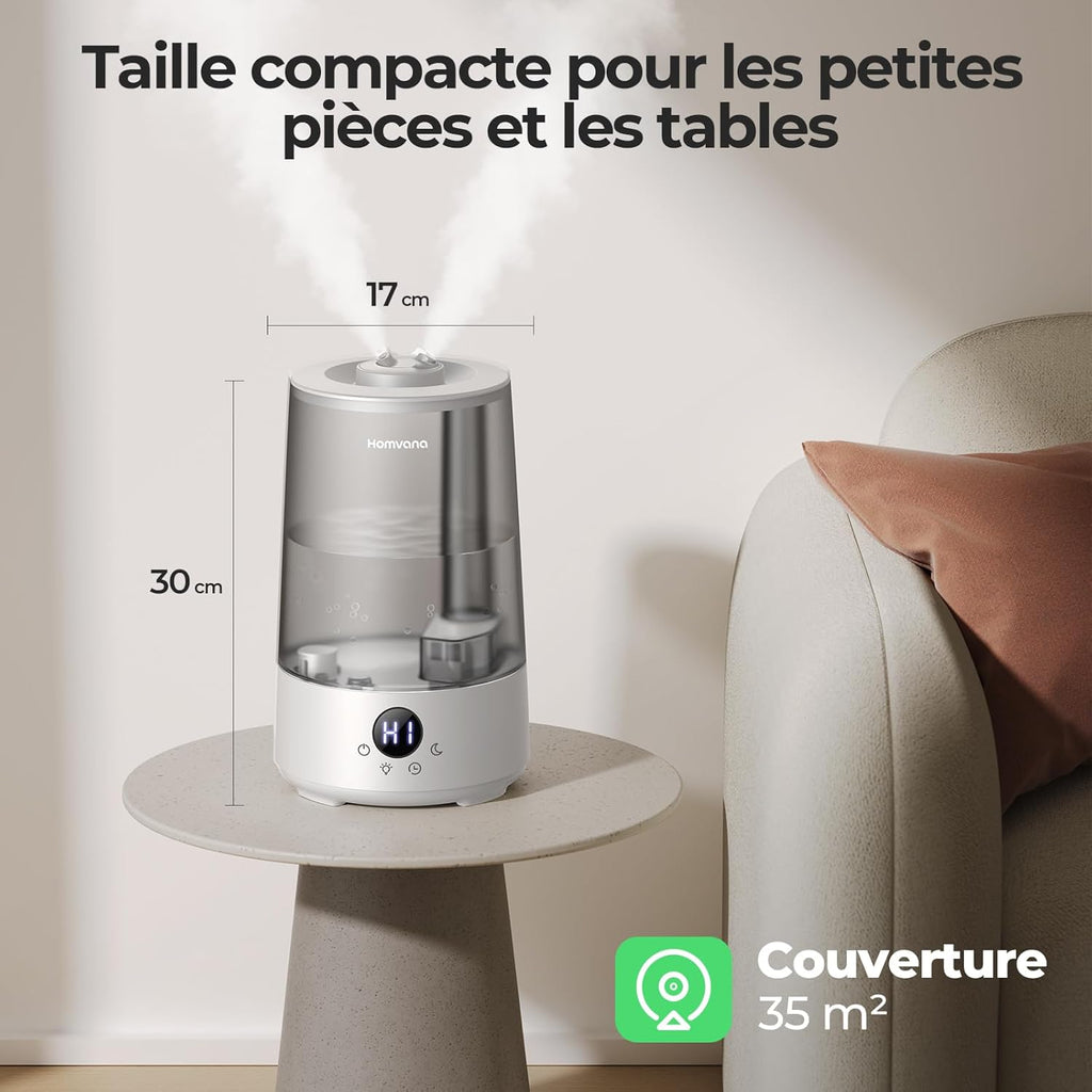 Homvana Humidificateur 3,6 L H101, Gris - Remplissage par le haut, Technologie de pulvérisation silencieuse, Brume fraîche 360°, Autonomie 34 h, Silencieux 16 dB, Sans BPA