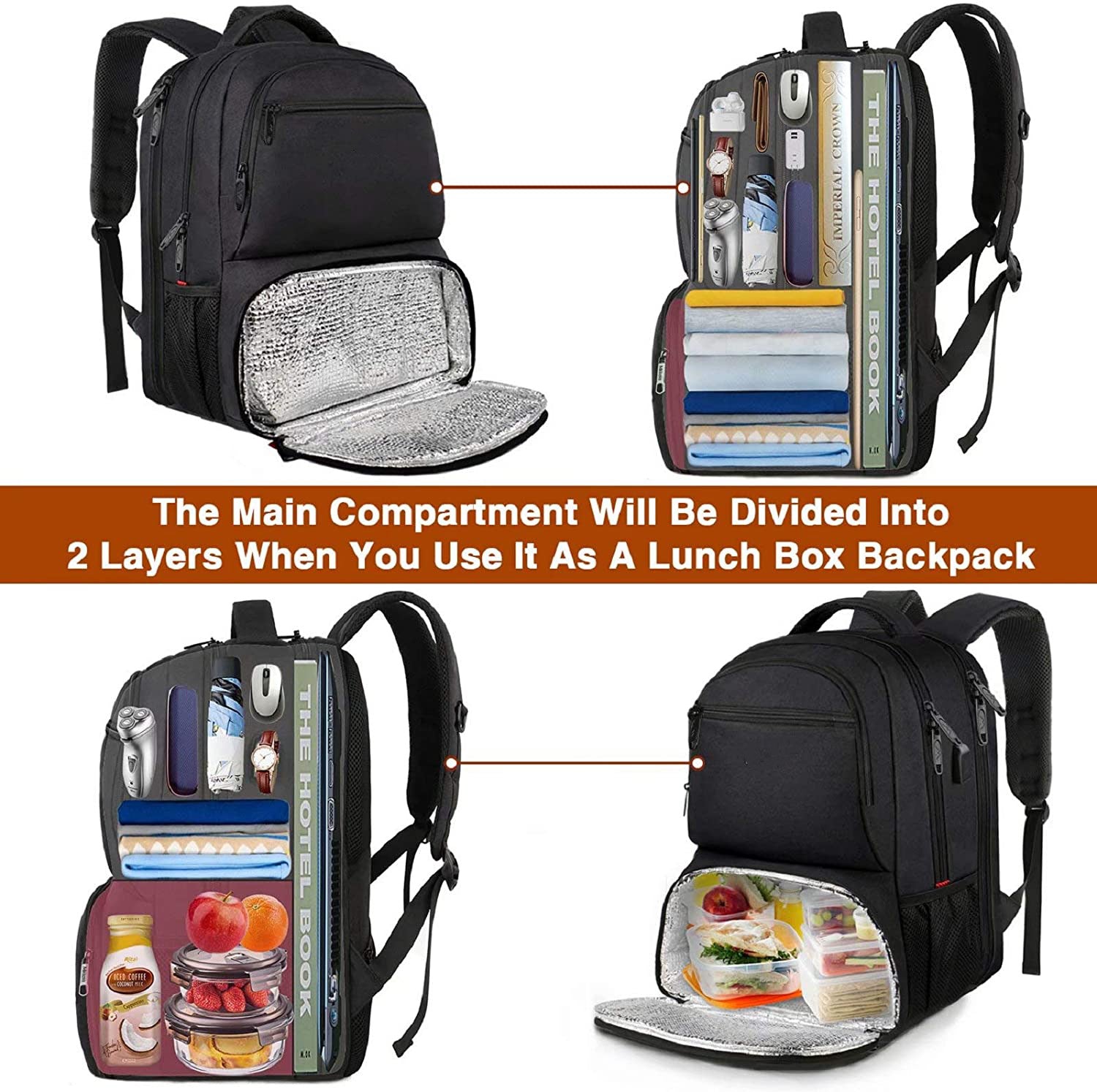 Sac à dos isotherme repas 17 pouces 40 L avec port de charge USB Compartiment ordinateur portable résistant à l'eau