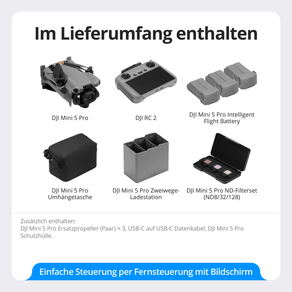 DJI Mini 5 Pro Pack Fly More avec DJI RC 2, certifié C0, drone 4K, capteur CMOS 1-pouce et détection d'obstacles