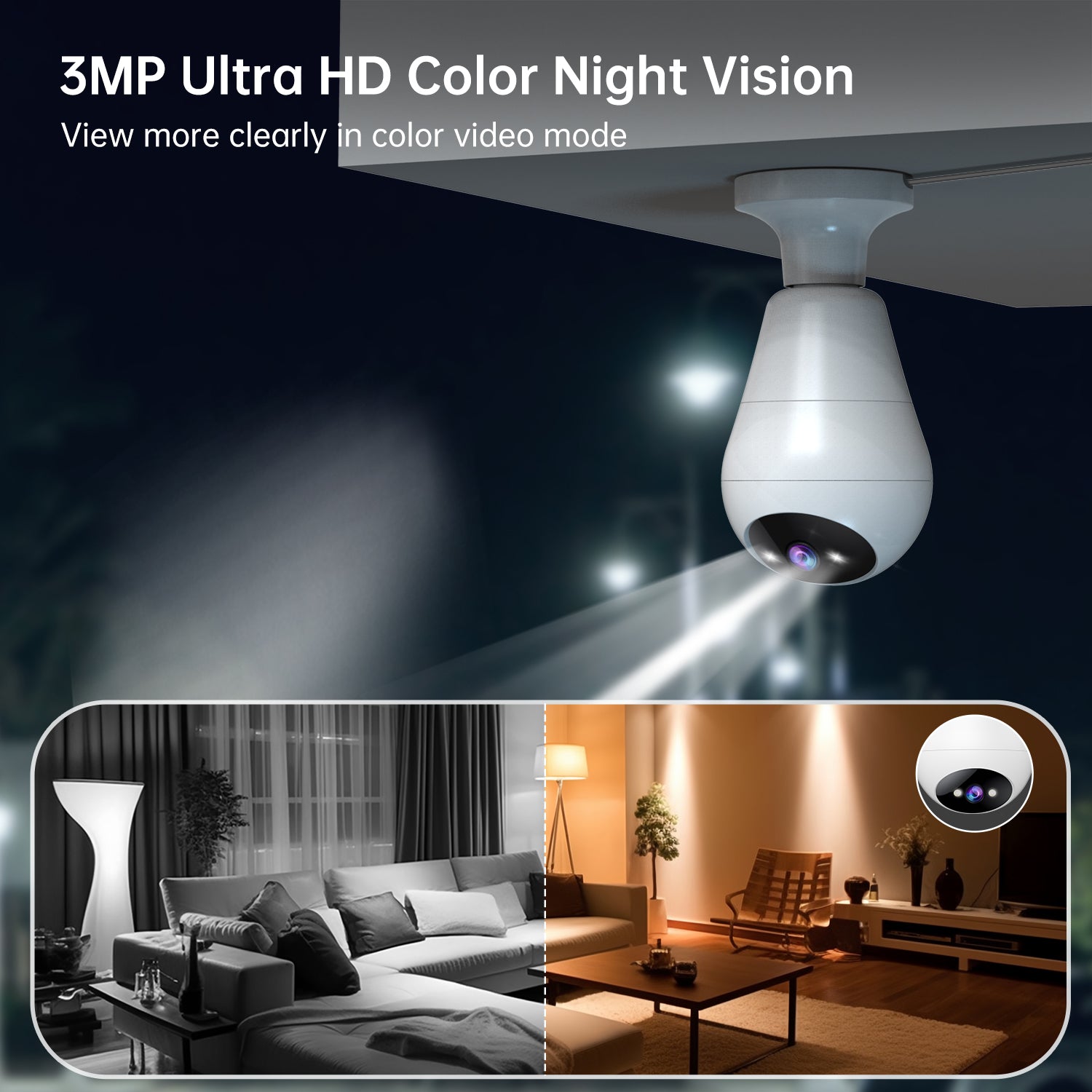 JOOAN E27 Caméra de surveillance Ampoule, sans fil, Intérieur/Extérieur, Pan/Tilt 360°, Vision nocturne couleur, Lampe LED et projecteur, Wi-Fi 2,4 GHz