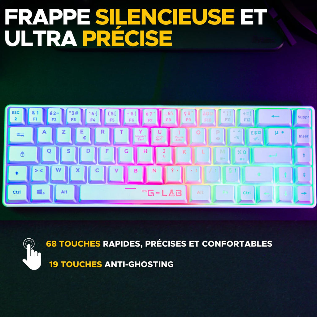 THE G-LAB KEYZ HYDROGEN Clavier Gaming Membrane Sans Fil RGB TKL - AZERTY - Blanc