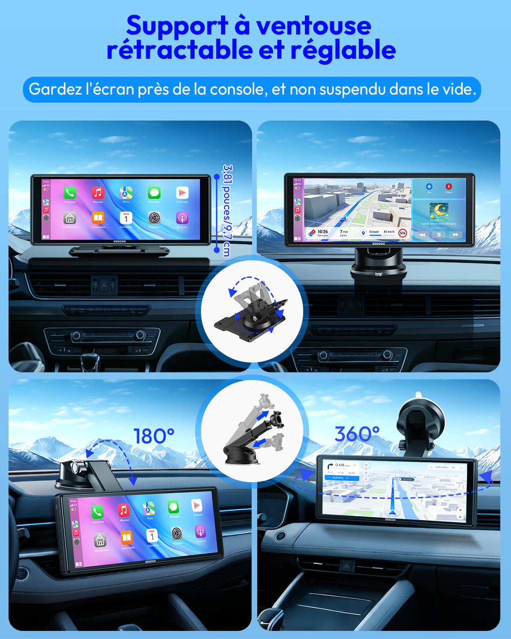ESSGOO 10,26 Pouces Écran CarPlay HD Portable, CarPlay Sans Fil & Android Auto & Mirror Link, Mise à jour OTA, Navigation GPS, Musique, Commande Vocale, Logo de démarrage personnalisé