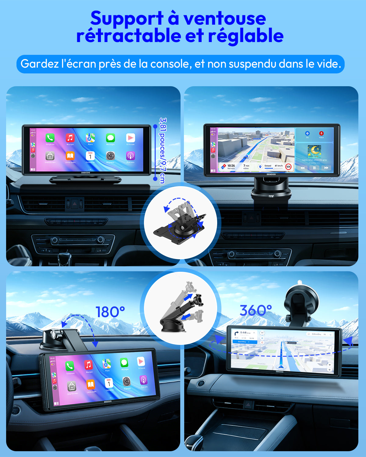 ESSGOO 10,26 Pouces Écran CarPlay HD Portable, CarPlay Sans Fil & Android Auto & Mirror Link, Mise à jour OTA, Navigation GPS, Musique, Commande Vocale, Logo de démarrage personnalisé