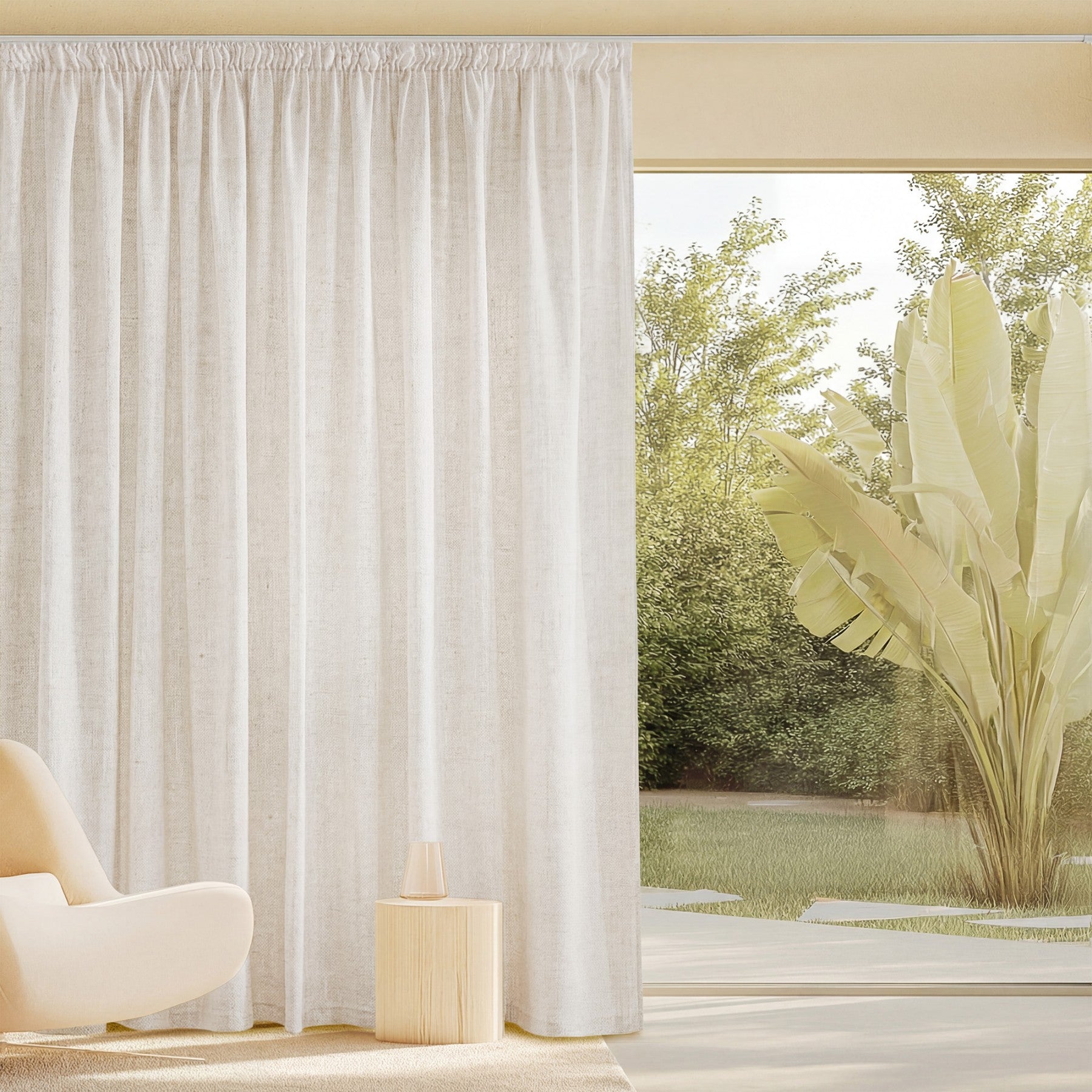 PONY DANCE Rideau Semi-Voilage en Lin avec Tête à Plis, 1 Pièce W300 x L245 cm Blanc Cassé