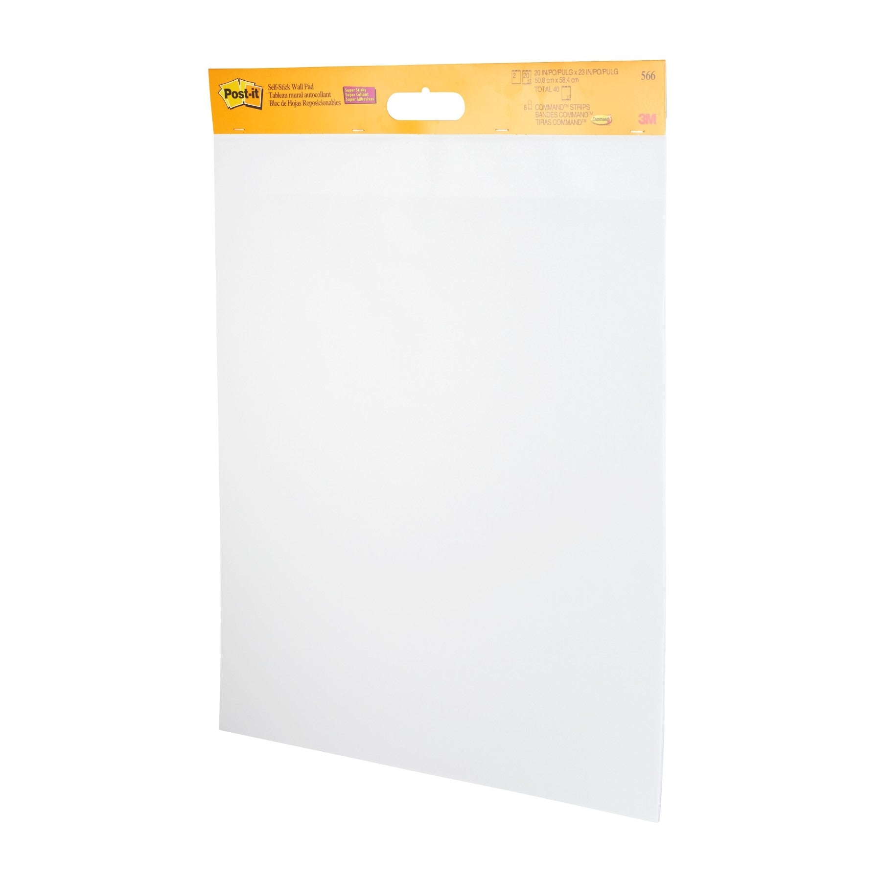 Post It Bloc mural autocollant super adhésif pour tableau de réunion, 566, Blanc, 58,4 cm x 50,8 cm, 20 feuilles/bloc, 2 blocs/lot, 100 % PEFC, SGSCH-PEFC-COC-110078 + 8 bandes adhésives Command™/lot