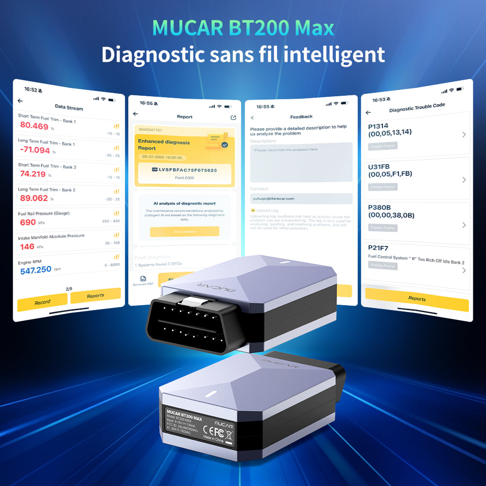 MUCAR BT200 MAX Scanner de diagnostic OBD2 avec diagnostics intelligents par IA, analyse de tous les systèmes, contrôle bidirectionnel, 15+ réinitialisations, CAN-FD