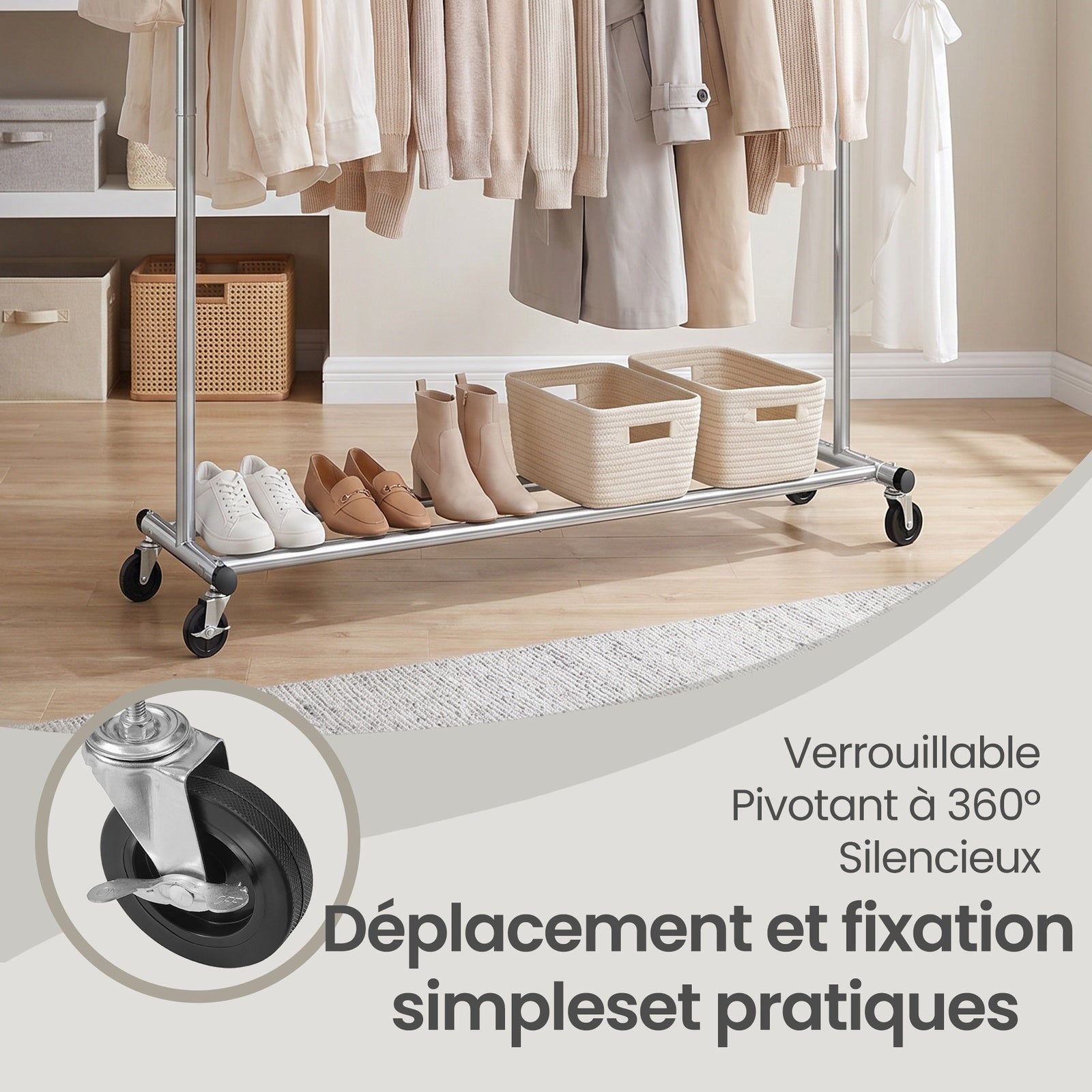 JOYFURNOS Portant à Vêtements sur Roulettes, Portant à Vêtements Réglable, Robuste, Pour Chambre, Capacité 150 kg, Montage Facile, Argent