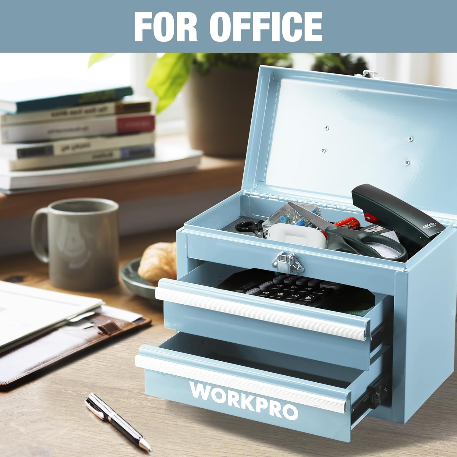 WORKPRO Boîte à outils portable en métal avec 2 tiroirs et espace de rangement supérieur, Bleu clair, 27,5 x 15 x 20,8 cm, Organiseur de table avec tiroirs et poignée pour bureau