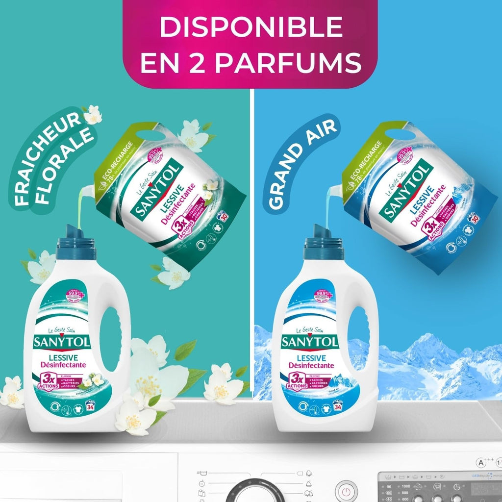 Sanytol Lessive liquide désinfectante, Parfum frais floral, Bouteille, 1,7 L, 34 lavages
