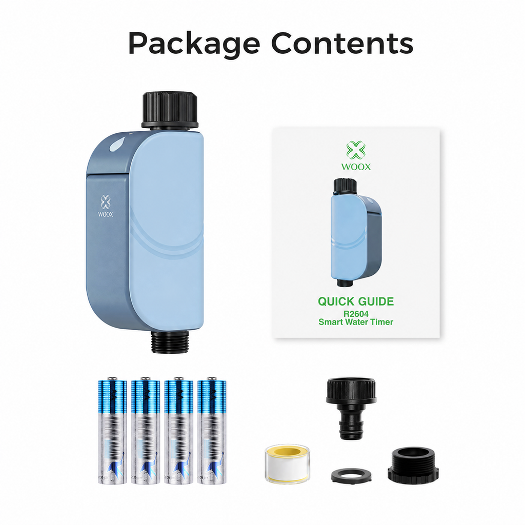WOOX Minuteur d'arrosage intelligent R2604 Bleu WiFi 6 802.11ax 2,4 GHz BLE 5.4 IP65 Contrôleur d'irrigation extérieur pour jardin Valve à solénoïde bistable Piles 4xAA Autonomie de