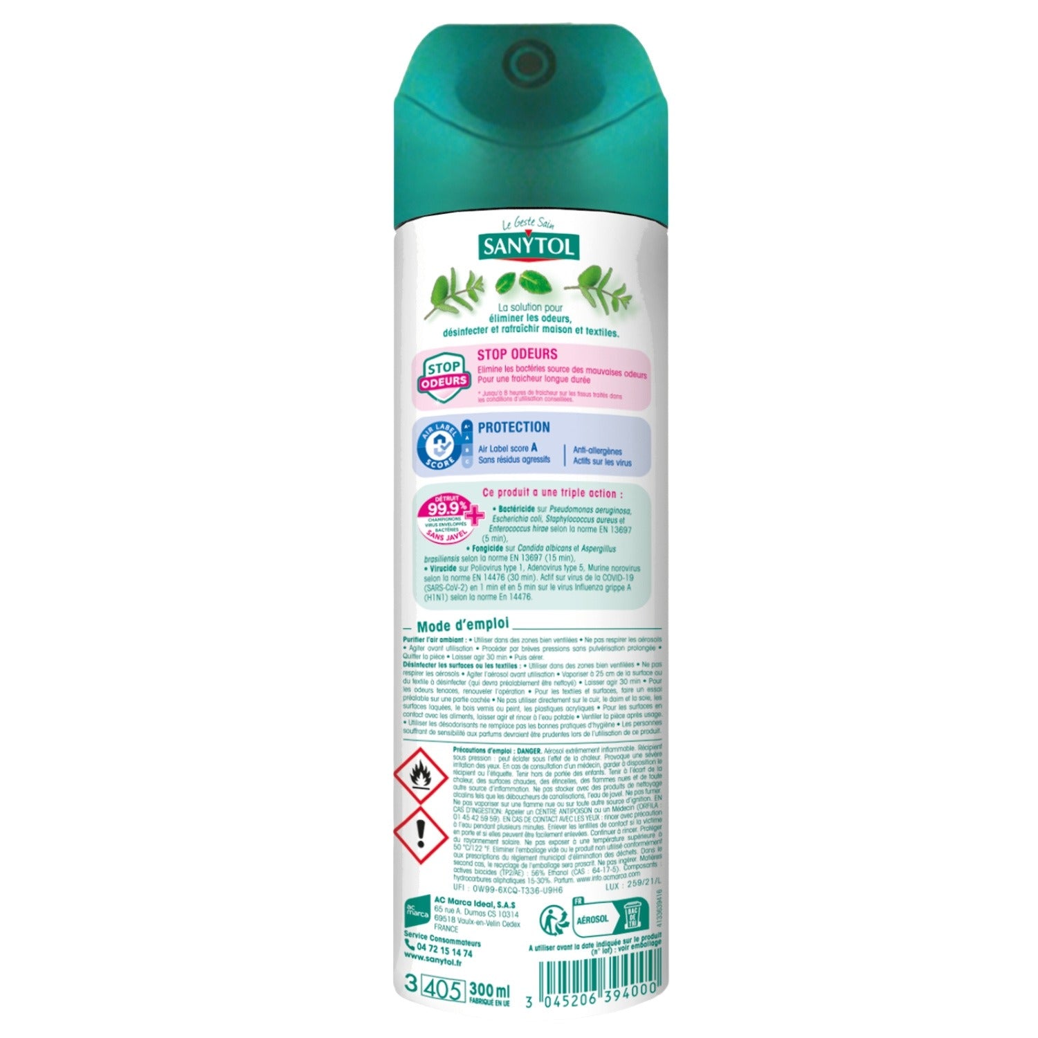 Sanytol Spray Désodorisant Désinfectant 3 en 1 pour Maison & Textiles, Stop aux Odeurs, Menthe, 300 ml
