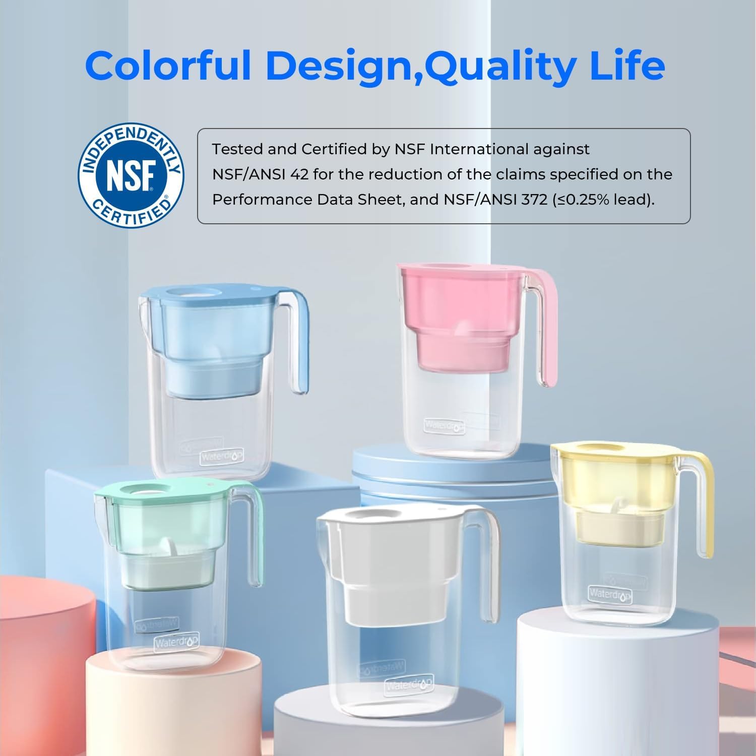 waterdrop Elfin Carafe Filtrante Réfrigérée avec 1 Cartouche Filtrante de 90 Jours, Réduit le Fluor, le Chlore et Plus, 2,5 L, Certifiée NSF, Sans BPA, Rose (Filtre de Remplacement : WD-PF-01A Plus)
