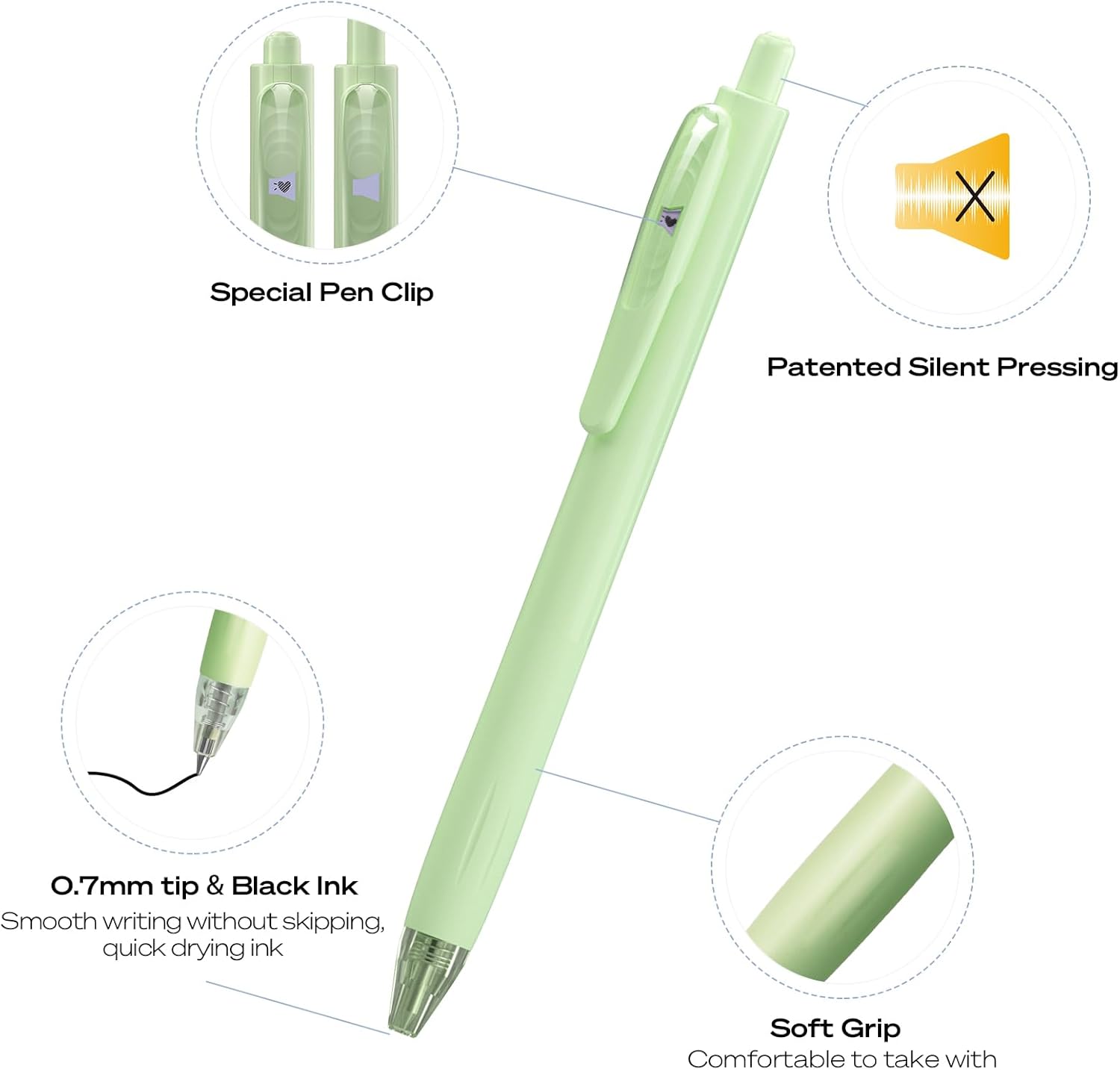 WRITECH Lot de 8 stylos rétractables à encre gel noire - 0,7 mm