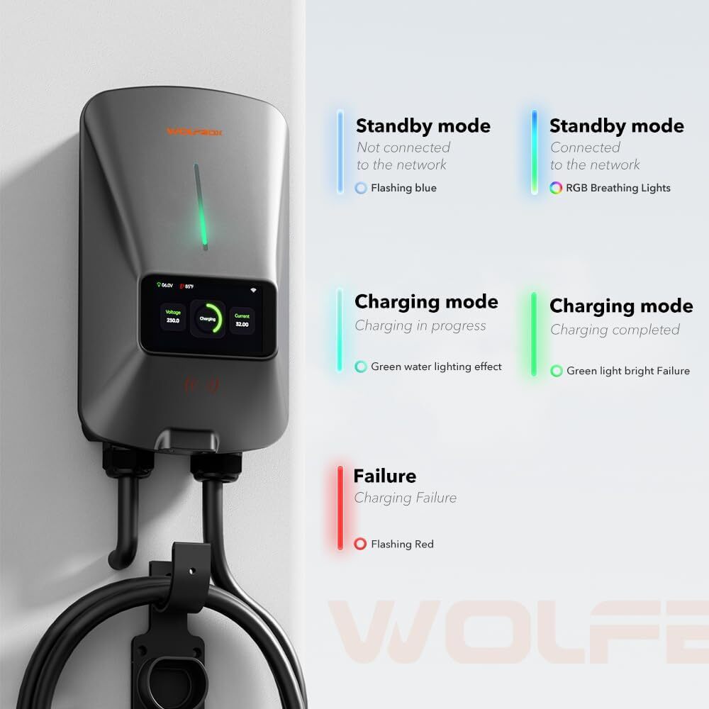 WOLFBOX AC07 Station de recharge 32 A pour voiture électrique 7 kW Type 2 monophasé chargeur mural avec écran LCD contrôle via application carte RFID