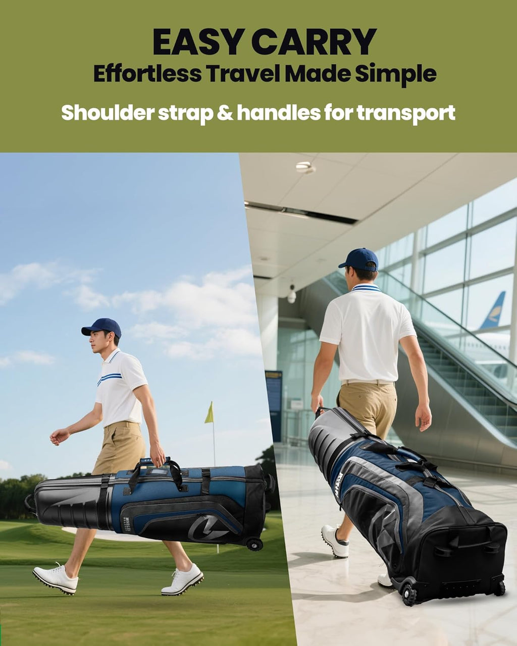 OutdoorMaster Sac de voyage semi-rigide avec roulettes pour clubs de golf - Noir/bleu