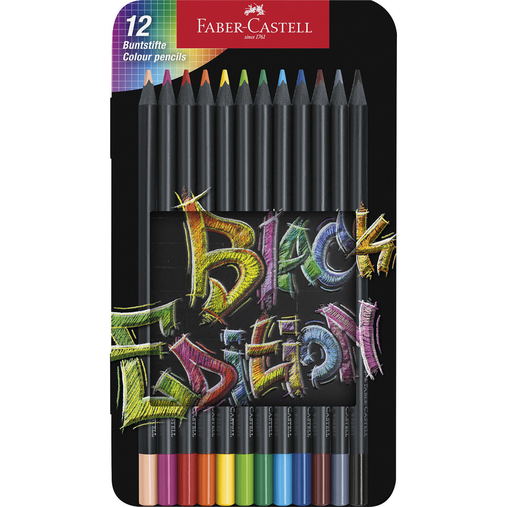 Faber-Castell Black Edition Lot de 12 crayons de couleur avec boîte en métal