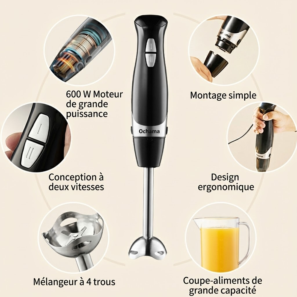 ochama Mixeur Plongeant 600W, 4-en-1 avec Fouet, Hachoir, 2 Vitesses, Monte Œufs et Crème, Nourriture Bébé, Soupe, Purées, Amovible et Facile à Nettoyer, Bol 500ml + Gobelet Doseur 800ml