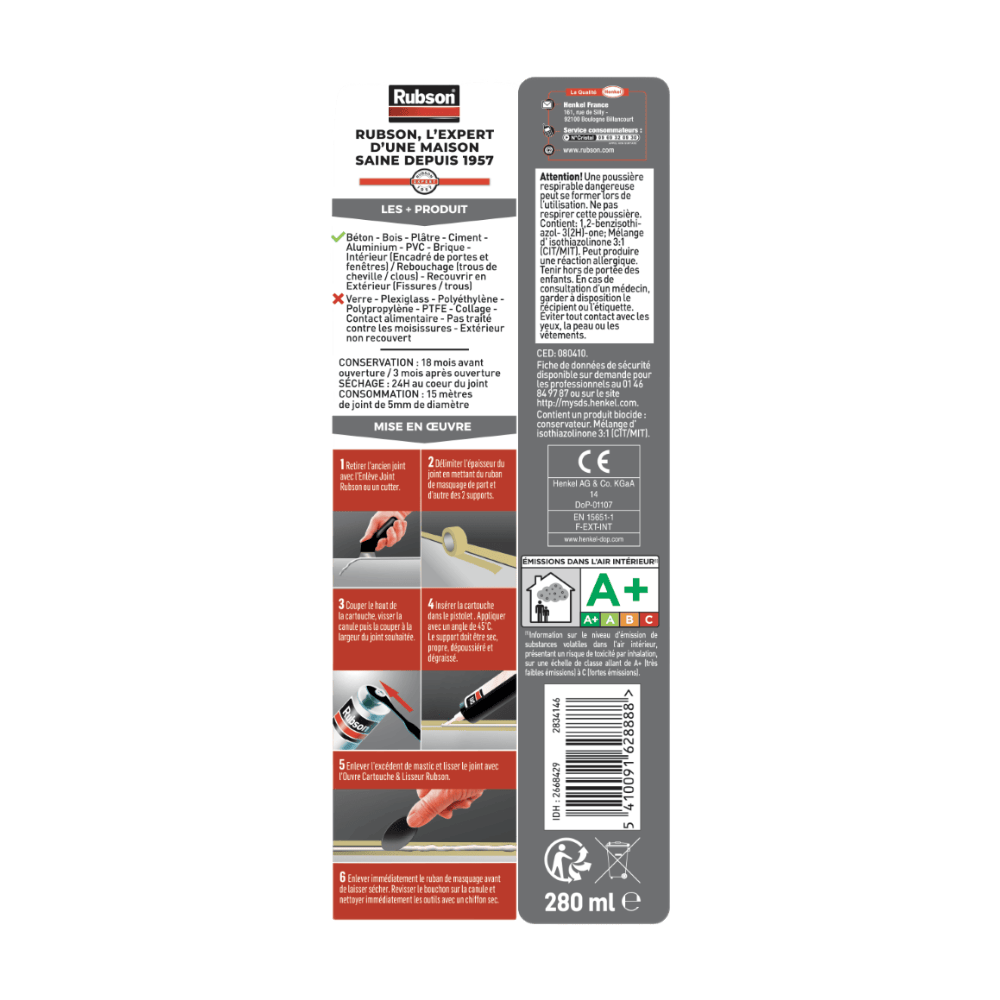 Henkel Rubson | Mastic Maison Acrylique Murs & Fenêtres Blanc (lot de 2 cartouches de 280 ml) – Mastic acrylique pour intérieur & extérieur – Comble fissure, joint porte et fenêtre