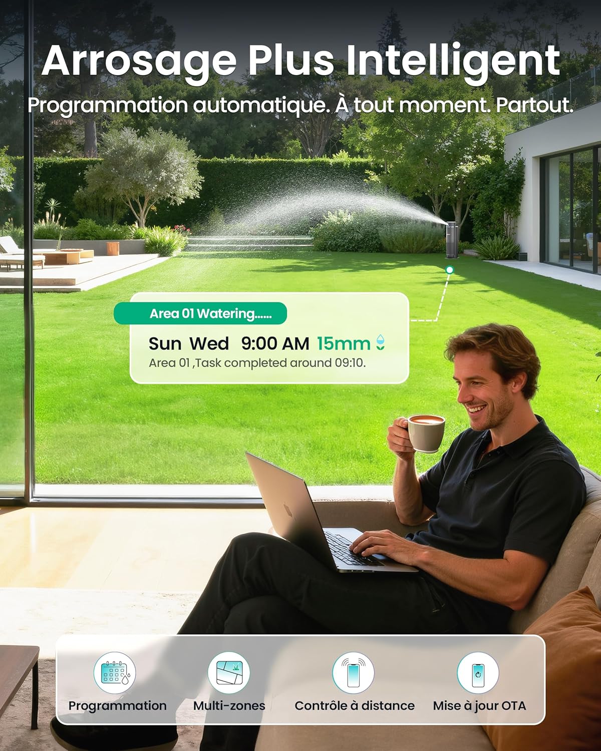 Système d'arrosage intelligent Aiper IrriSense Gen 2 version , contrôle à distance mobile via WiFi et Bluetooth, réglage automatique adaptatif au temps, économie d'eau jusqu'à 50 %