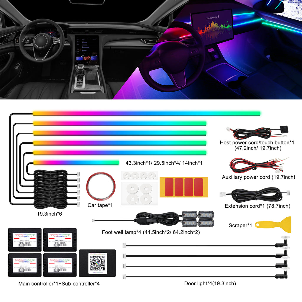 VGETTING Bande lumineuse LED acrylique Dreamcolor pour intérieur de voiture avec application sans fil, Kit d'éclairage d'ambiance à fibre optique RVB 14 en 1 175 po 593 LED