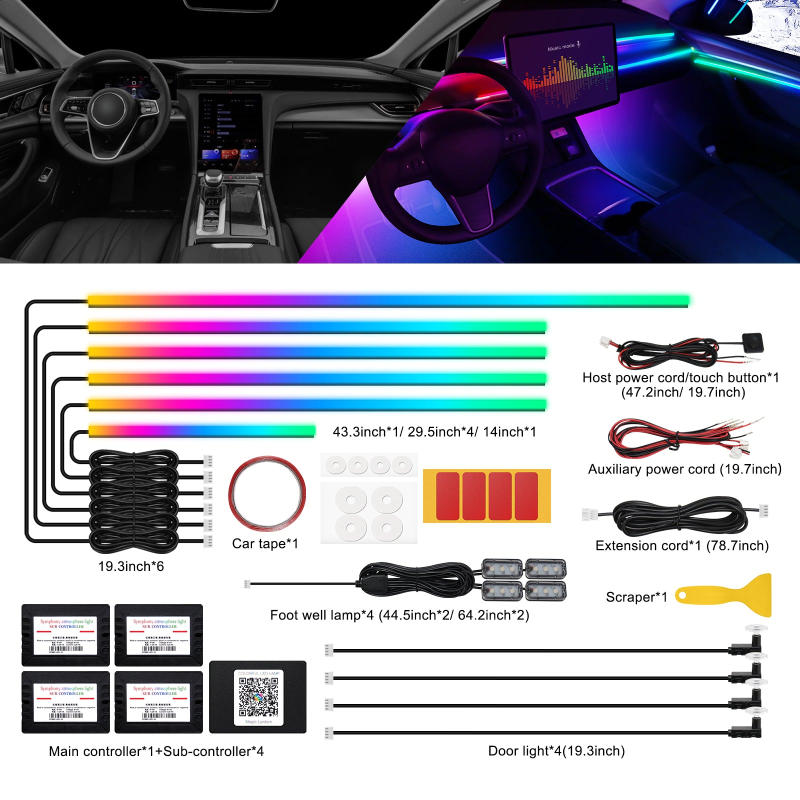 VGETTING Bande lumineuse LED acrylique Dreamcolor pour intérieur de voiture avec application sans fil, Kit d'éclairage d'ambiance à fibre optique RVB 14 en 1 175 po 593 LED