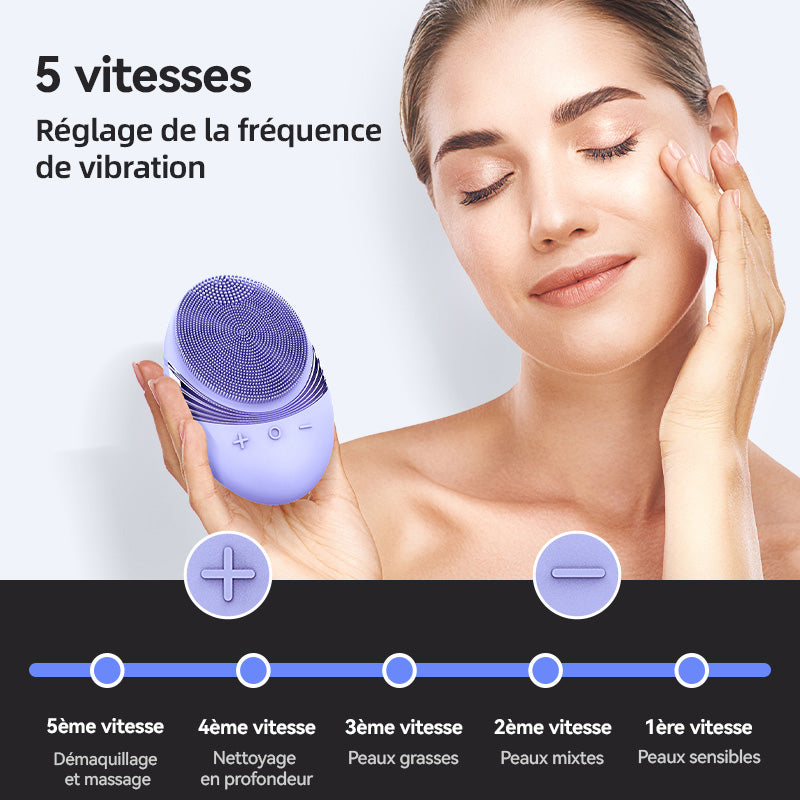 Sunluxy JMY-103 Brosse nettoyante pour le visage, 5 modes de vibration, nettoyage doux avec tête en silicone, design portable avec anneau de suspension, soin beauté à domicile, violet