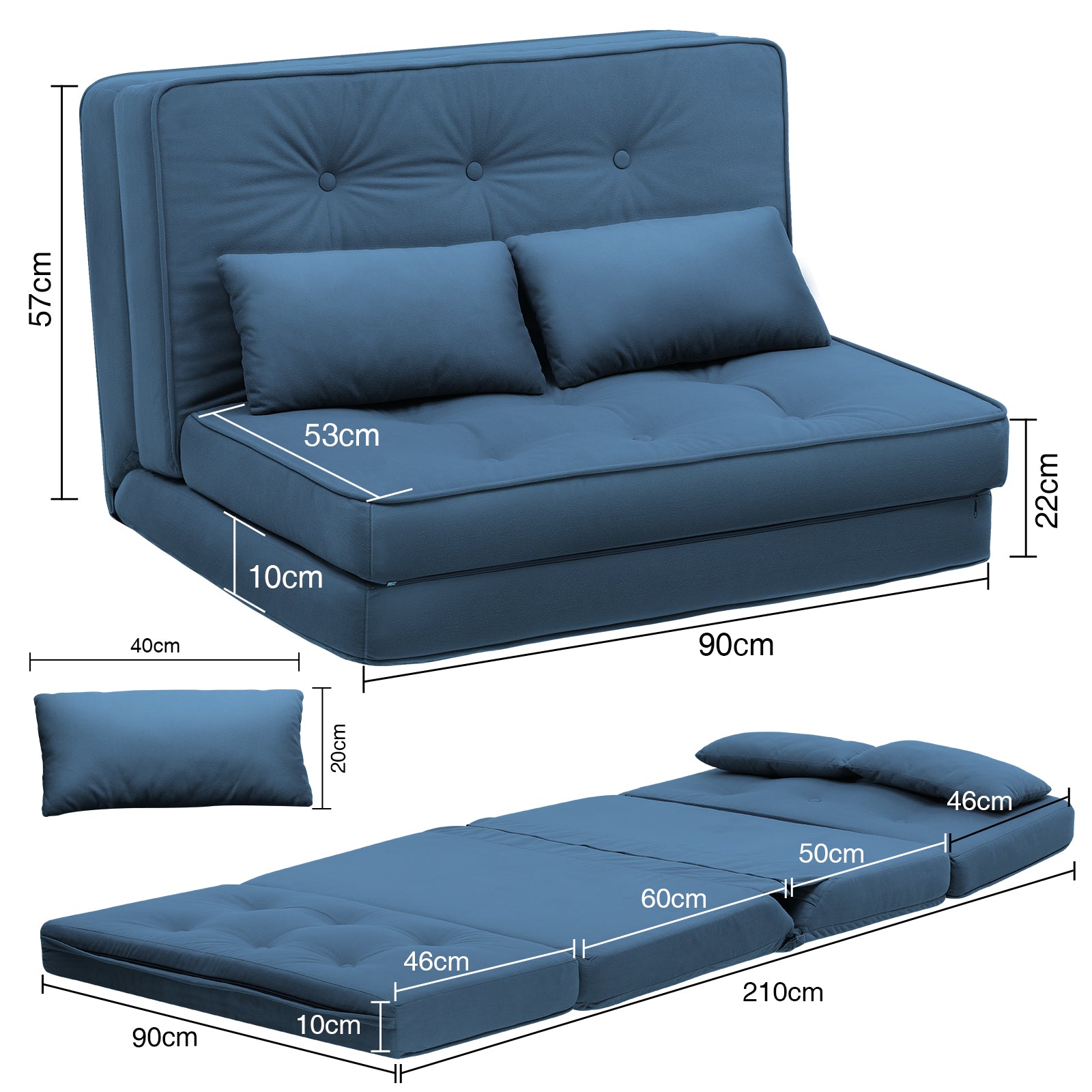 COMHOMA Canapé-lit pliant, 3-en-1 avec dossier réglable à 6 niveaux, 2 coussins lombaires, convient pour salon, chambre et camping, Bleu