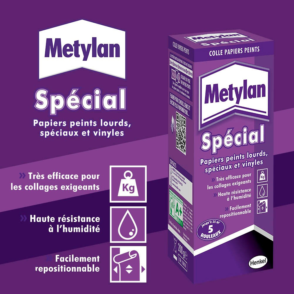 Henkel Metylan Spécial | Colle Papiers Peints (paquet De 200g) - Renforcée Pour Papiers Peints Lourds, Spéciaux Et Vinyles â€“ Repositionnable Pour Pièces Humides Jusquâ€™à 25 M²