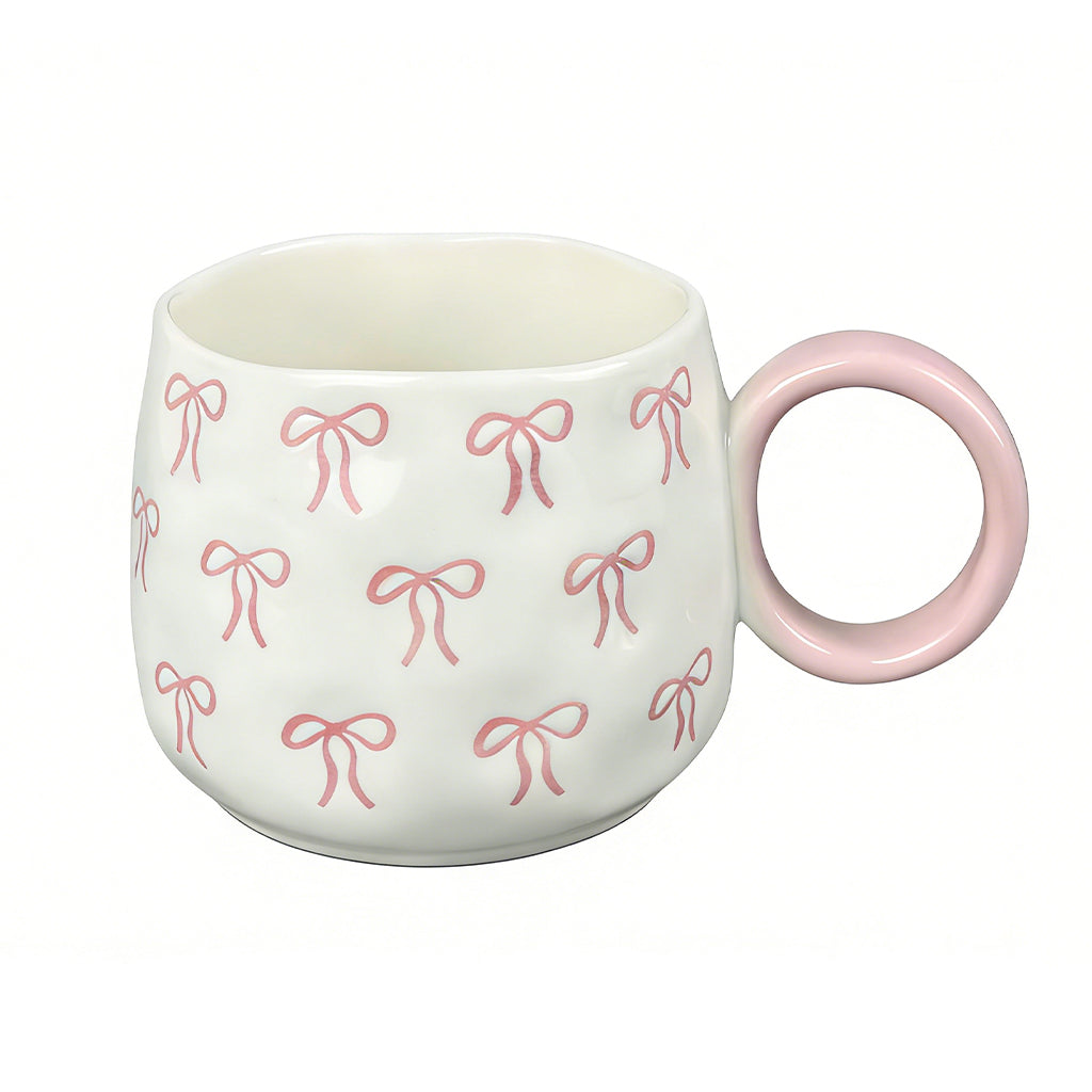 Tasse à café en céramique 400 ml Motif nœud rose Coffret cadeau inclus Pour femmes Design élégant