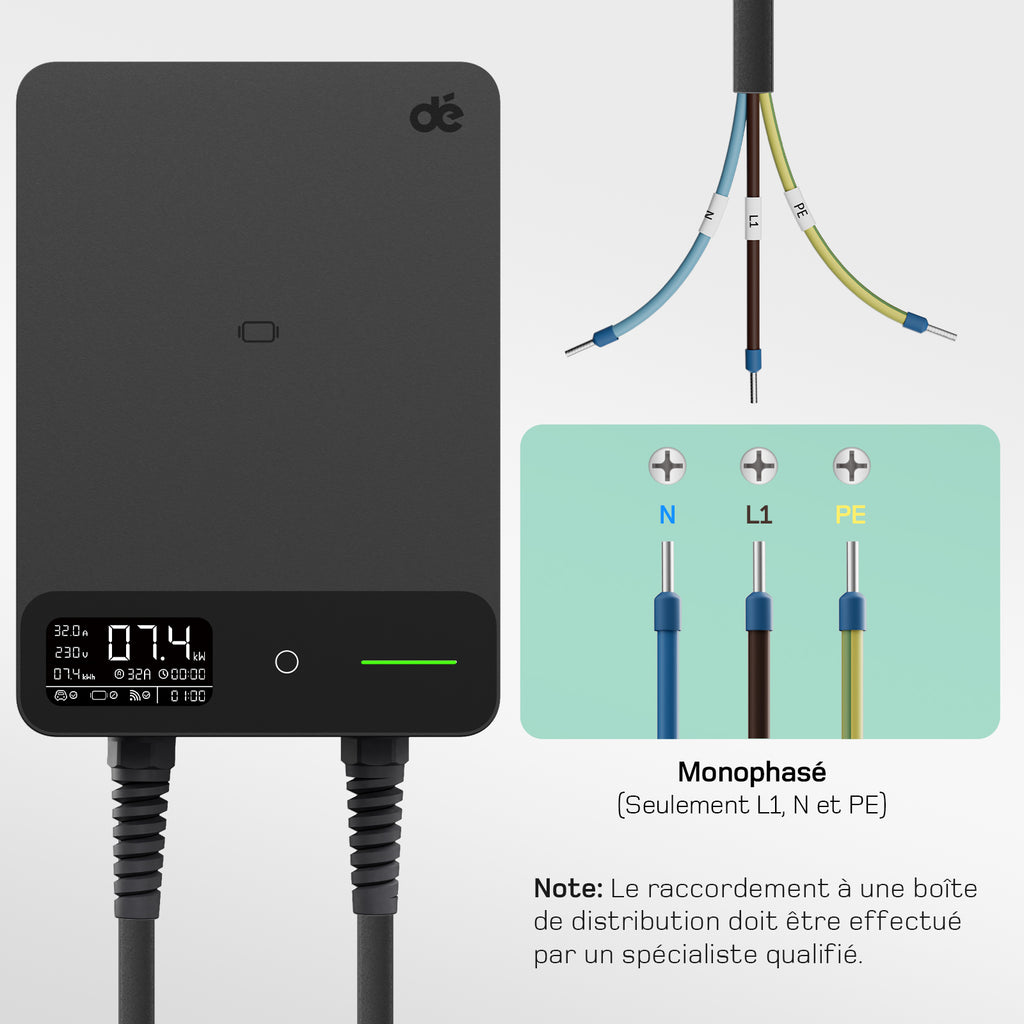 dé Borne de recharge pour véhicules électrique 7.4 kW APP, 7,5 m, 6-32 A, monophasé avec câble de recharge Type 2, RFID, RCD Type-B et IP54 compatible E-208 et autres BEV/PHEV