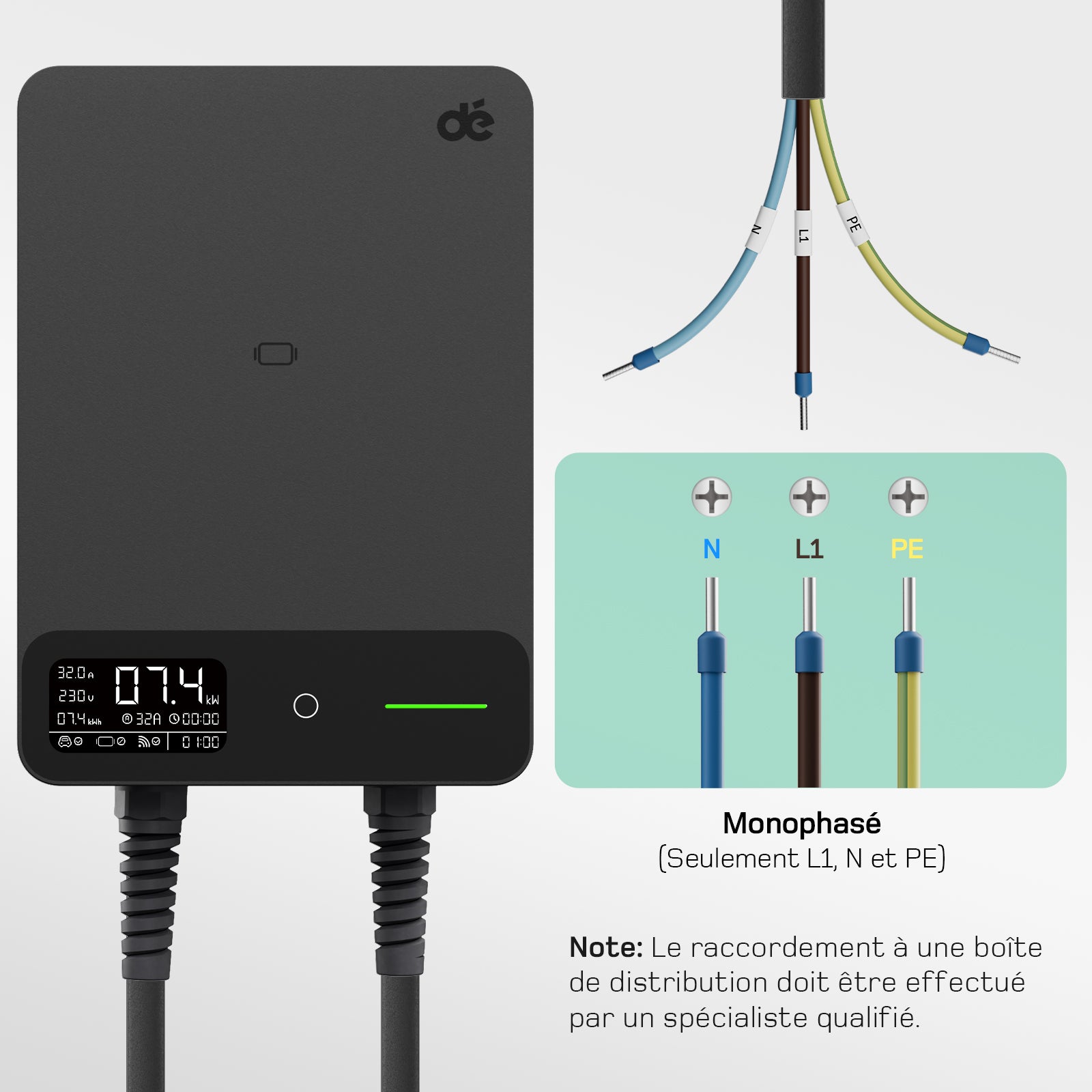 dé Borne de recharge pour véhicules électrique 7.4 kW APP, 7,5 m, 6-32 A, monophasé avec câble de recharge Type 2, RFID, RCD Type-B et IP54 compatible E-208 et autres BEV/PHEV