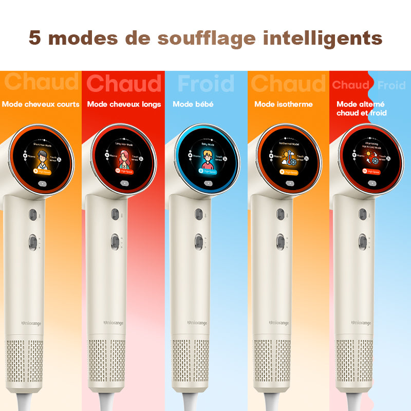 Uniorange H6 Sèche-cheveux à haute vitesse avec technologie plasma, écran LCD HD, 5 modes intelligents, 1600 W de puissance et 1 milliard d'ions plasma