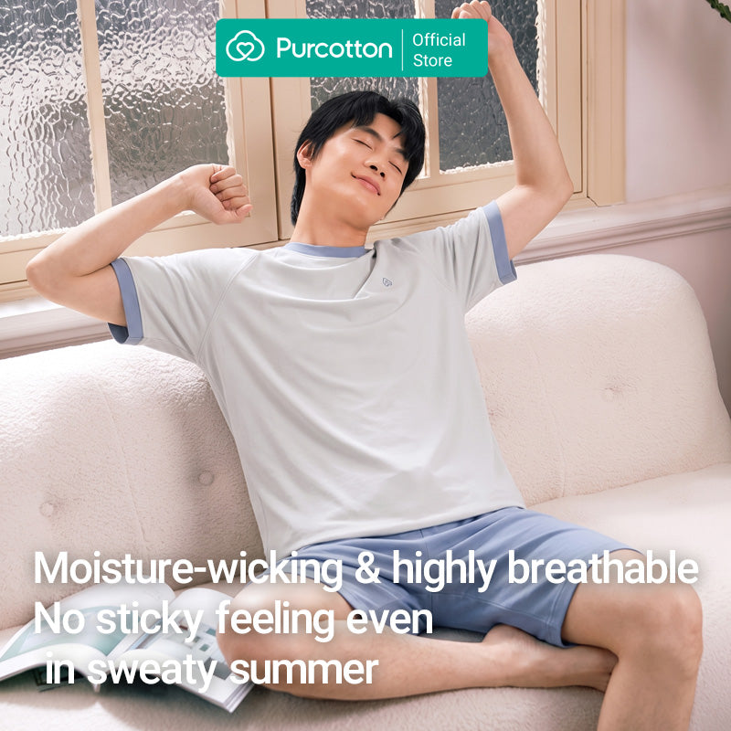 Purcotton Ensemble de shorts de survêtement en tricot antibactérien pour homme - Antibactérien et respirant - Extensible et confortable - Loisirs à la maison - Gris