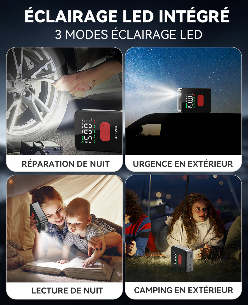 ACEZUK M06 Booster de batterie 7000 A avec batterie externe, pour voitures tout essence et diesel 12 L, avec compresseur d’air 150 PSI, 12 V, câbles de démarrage et éclairage LED