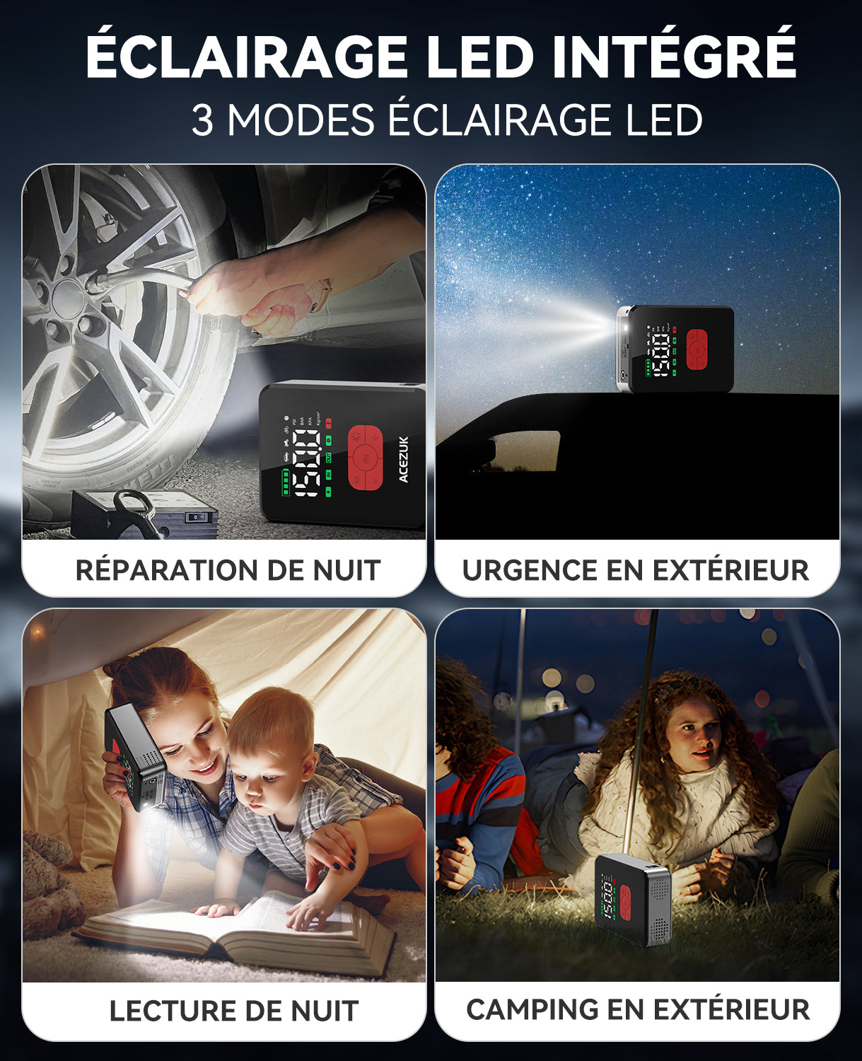 ACEZUK M06 Booster de batterie 7000 A avec batterie externe, pour voitures tout essence et diesel 12 L, avec compresseur d’air 150 PSI, 12 V, câbles de démarrage et éclairage LED
