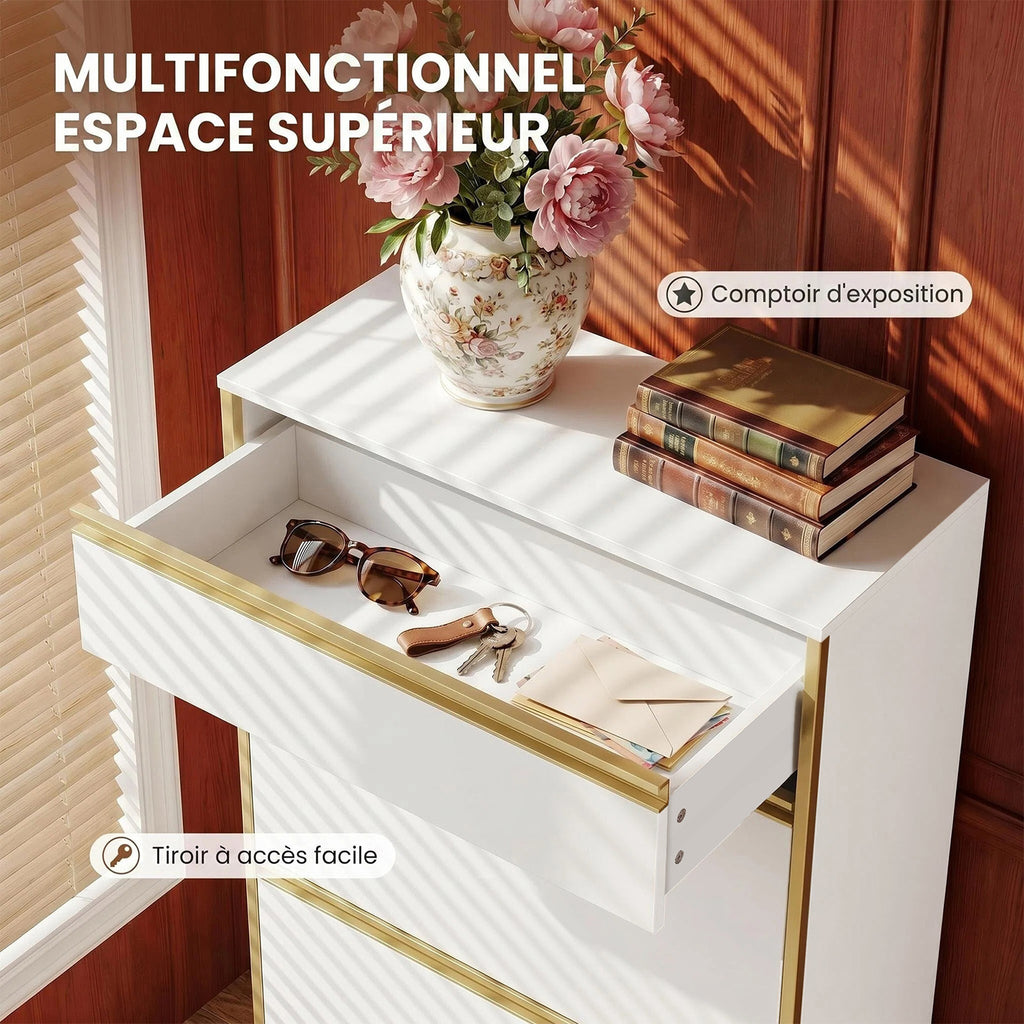 HaluPeit Meuble à chaussures étroit avec tiroir, 2 portes battantes, 4 étagères réglables, Pour couloirs, 60 x 24 x 104,5 cm, Blanc et doré